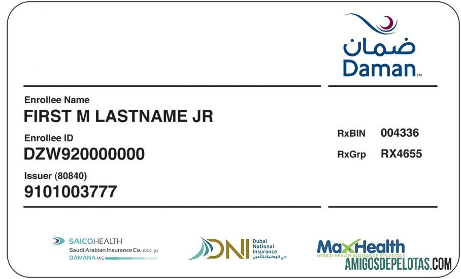 Cartão de seguro saúde dos Emirados Árabes Unidos exemplo